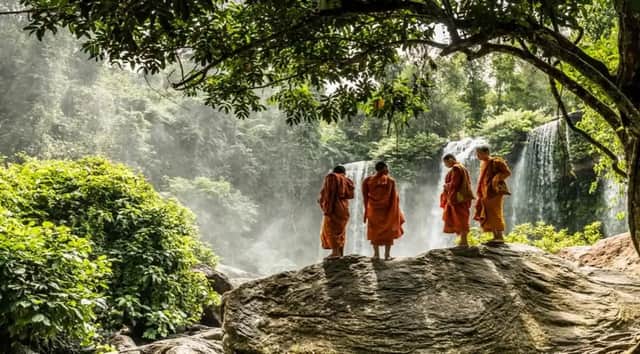 Cuatro monjes con túnicas naranjas se encuentran sobre una gran roca, enmarcada por árboles, contemplando una cascada en un exuberante bosque.