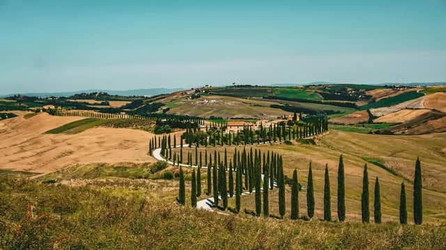 Una strada tortuosa costeggiata da alti cipressi si snoda tra le dolci colline toscane verso un casale sotto un limpido cielo azzurro.