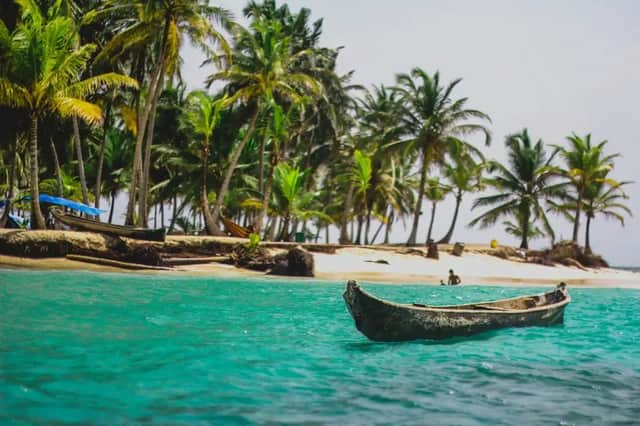 A wooden canoe floats on turquoise water, with a sandy beach and a dense grove of palm trees in the background.