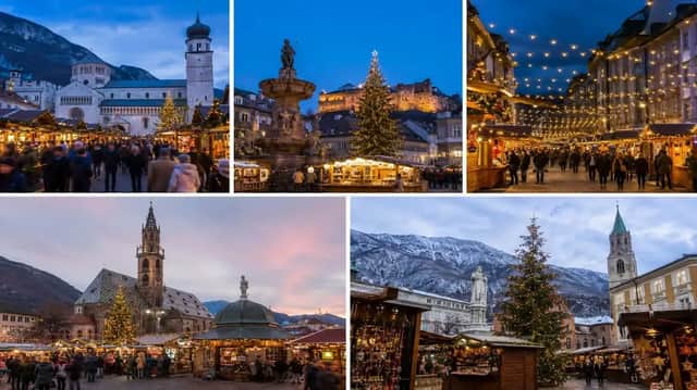 Un collage di cinque foto che ritraggono mercatini di Natale europei in piazze storiche, con folle, luminarie e bancarelle in legno.