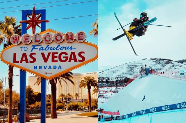 Un dittico che mostra il cartello 'Welcome to Las Vegas' in una giornata di sole e uno sciatore che fa un'acrobazia aerea su una montagna innevata.