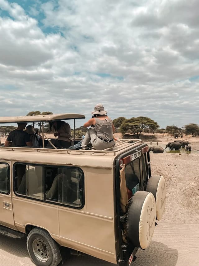 Un groupe WeRoad observe des éléphants à un point d'eau depuis un véhicule de safari découvert dans la savane.