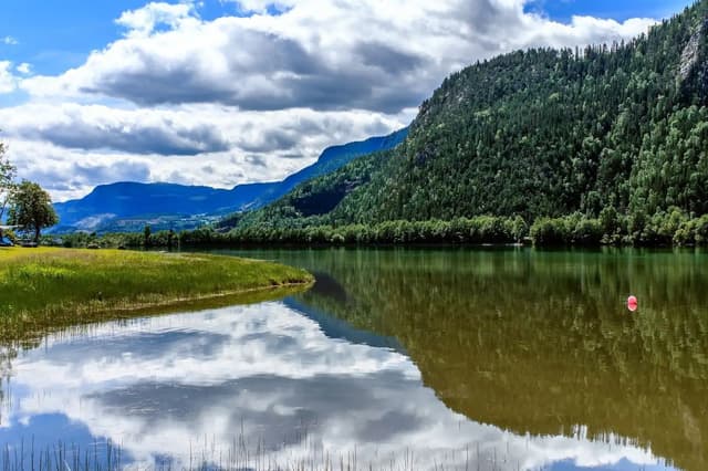 Lago de montaña rodeado de bosque que refleja el cielo y las nubes.