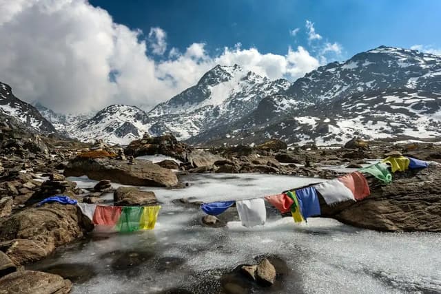 Drapeaux de prières tibétains devant les montagnes enneigées de l'Himalaya