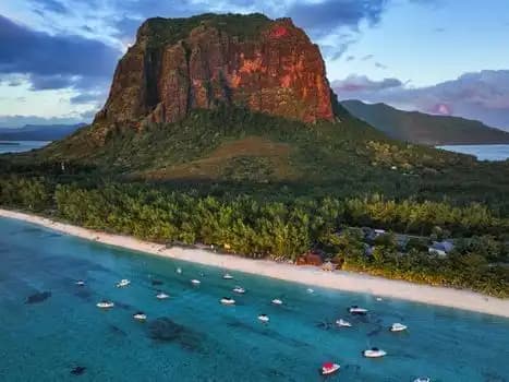 Le Morne Brabant mountain above the lagoon and beach, Mauritius